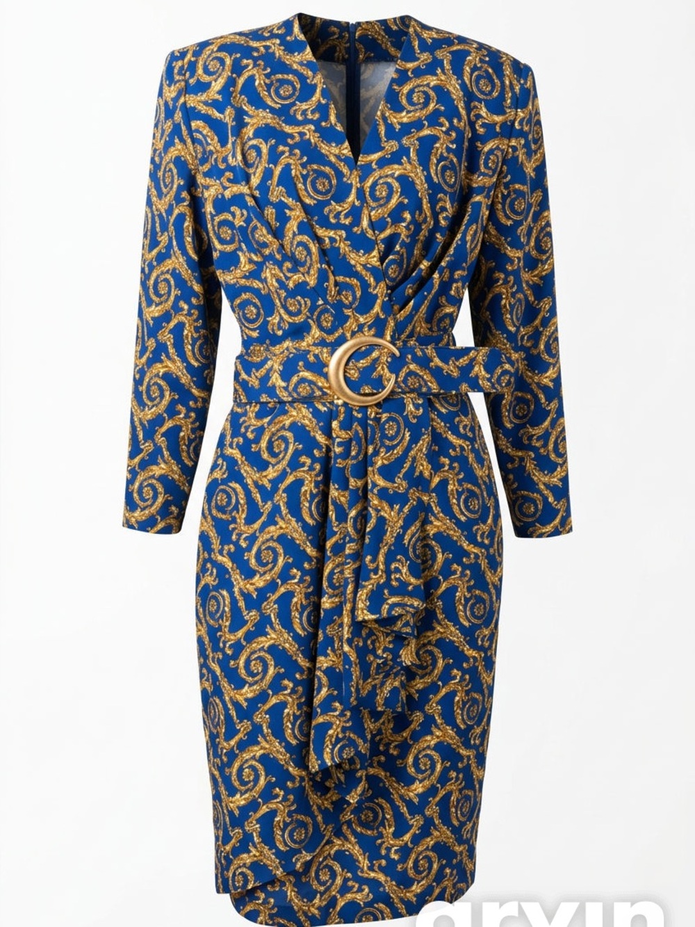 Vintage Gold Scroll Print  Dress in Navy Sz 12